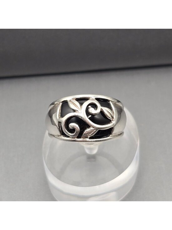 Adesso Jewelry - Black Onyx Sterling Silver Ring Size 10 Vining Leaf Scroll Modernist Dome Band